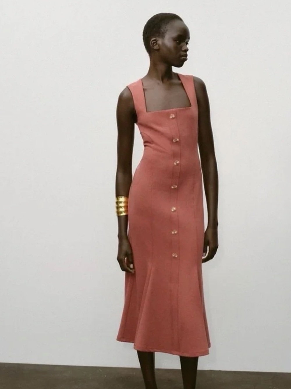 Zara Dusty Rose Square-Neck Button-Front Midi Dress